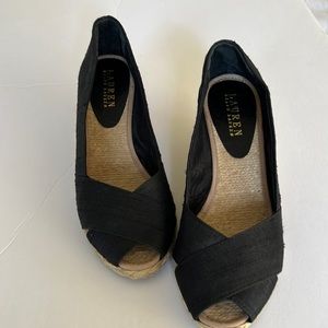 Ralph Lauren Cecilia Black Linen Open Toe Wedge Espadrille Heels 7
